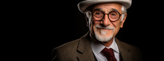 Stylish elderly man in suit on dark background.