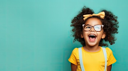 Laughing child with curly hair and glasses on a teal background.
