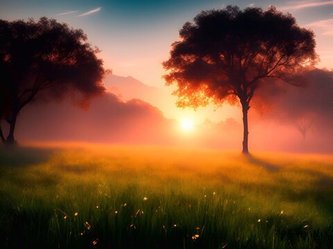 Grassland and morning sunlight background image for Hope, the beginning of a new life, happiness,freedom, warmth generative a