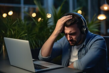 Stressed, anxious or Caucasian man in a call center with a headache due to fatigue from burnout at work in a telecommunications company. Migraine, crisis of failure or consultant fatigue, depression o