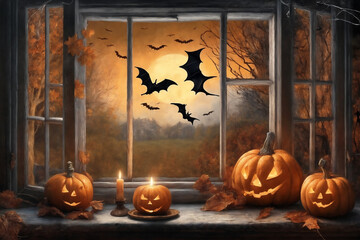halloween holiday decorations, scary jack o lantern pumpkins and candles on a windowsill, flying bats outside the window, moonlit night, mystic and dark magic - obrazy, fototapety, plakaty