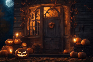 Obraz premium Halloween decorations on the porch of an old house exterior, jack o lantern pumpkins, abandoned place, night, autumn nature