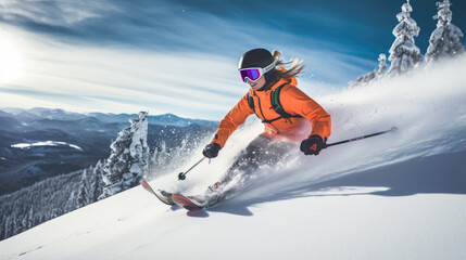 Fototapeta na wymiar Skier descends a mountain in winter