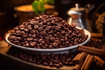 Fototapeta premium Coffee beans on a wooden background. Selective focus Generative AI