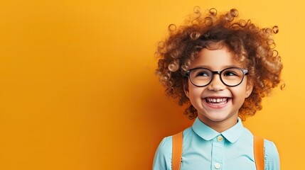 Cheerful curly-haired girl with glasses on a yellow background. - obrazy, fototapety, plakaty