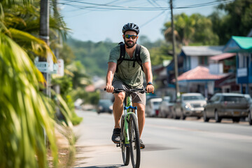 Male tourist smiles happily while riding a public bicycle for rent in the streets of Phuket Thailand, sustainable travel transportation, bicycle friendly - obrazy, fototapety, plakaty