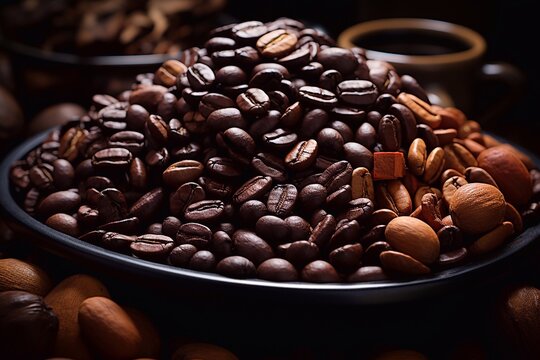 Coffee beans in black bowl and coffee beans in dark background Generative AI