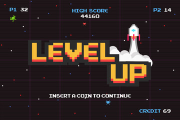 LEVEL UP INSERT A COIN TO CONTINUE .pixel art .8 bit game.retro game. for game assets in vector illustrations. - obrazy, fototapety, plakaty