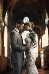 Wedding couple at their wedding formed by a human man and a cybernetic woman