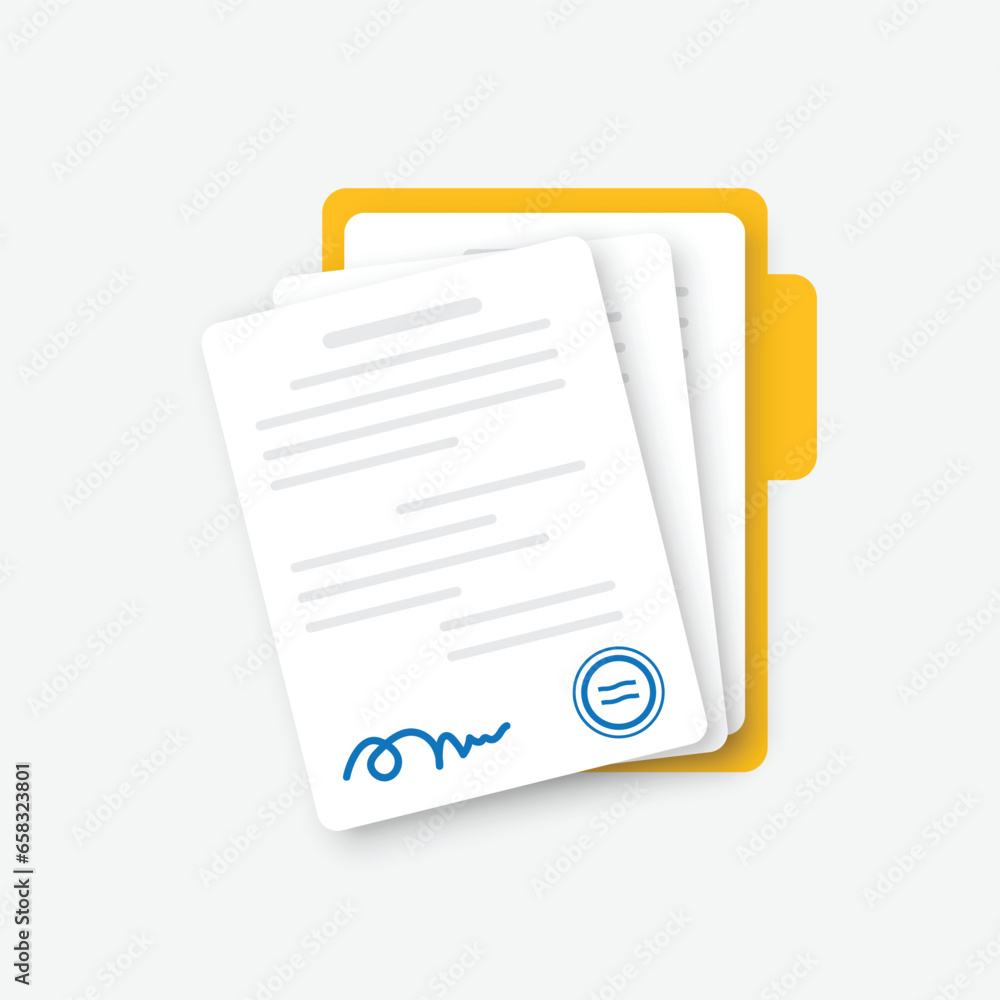 Poster document, folder with stamp and text icon in flat style. white papers vector illustration on isolate