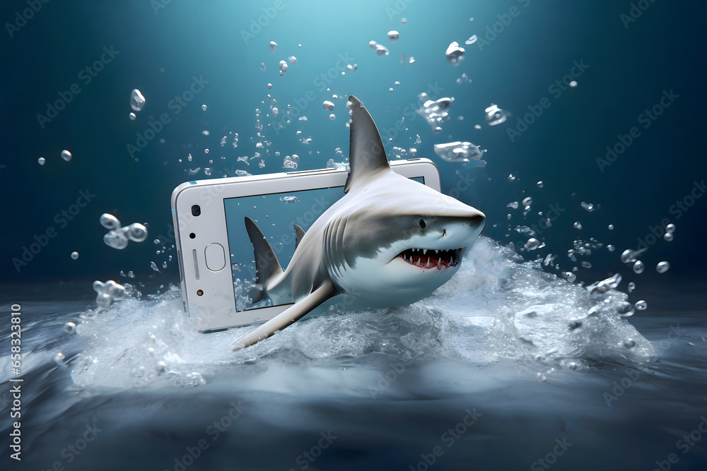 Wall mural Shark coming out of mobile phone screen under water. Splash. Abstract cyberbullying concept. Dangerous digital communication, social networks, intimidating or threatening messages.