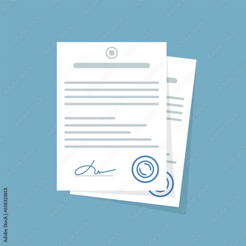 Aufkleber document with stamp and text icon in flat style. white papers vector illustration on isolated backgr