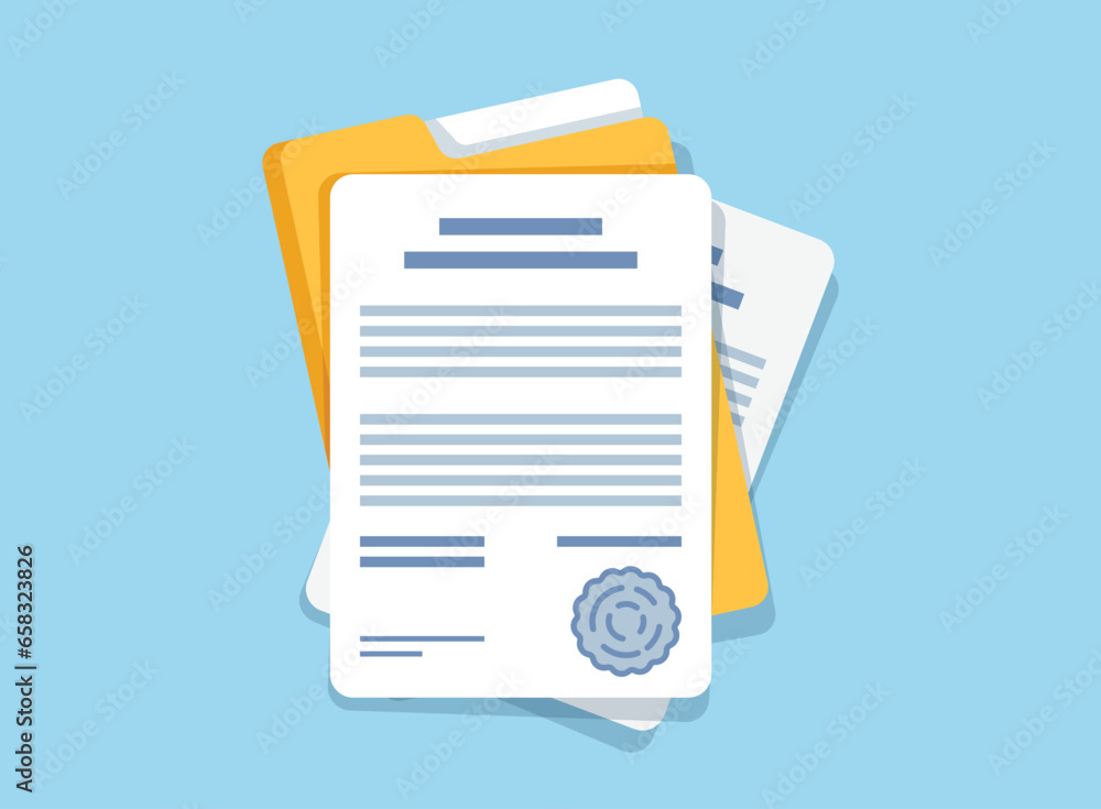 Poster document, folder with stamp and text icon in flat style. white papers vector illustration on isolate