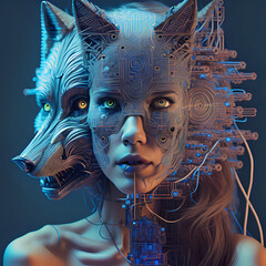 Woman wolf surrealist face - obrazy, fototapety, plakaty