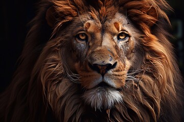 Naklejka premium male Lion king with golden crown on black background. Fantasy illustration. Generative AI