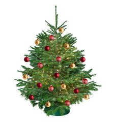 Decorated pine tree on white or transparent background. New Year and Christmas spruce tree with red...