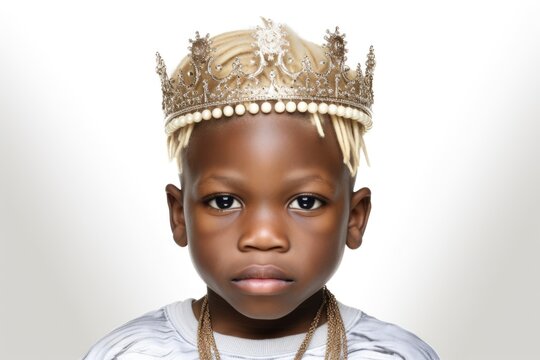 A young boy wearing a crown and a necklace. Suitable for various uses.