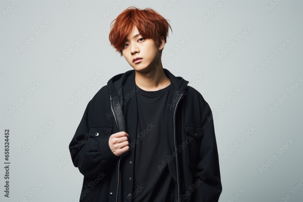 Poster a picture of a man with red hair wearing a black jacket. this versatile image can be used in various