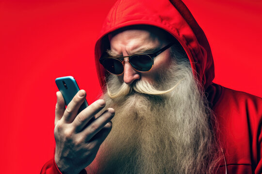 A picture of a man with a long beard and sunglasses looking at his cell phone. This image can be used to illustrate technology, communication, or modern lifestyle.