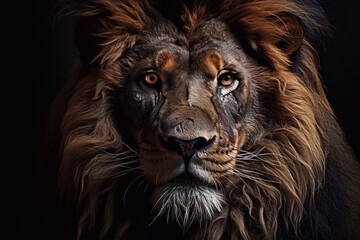Portrait of a male lion in the Kruger National Park. Generative AI - obrazy, fototapety, plakaty
