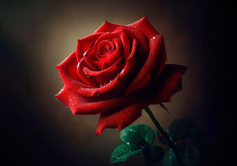 Bella flor de color rojo, rosa florecida con los pétalos mojados