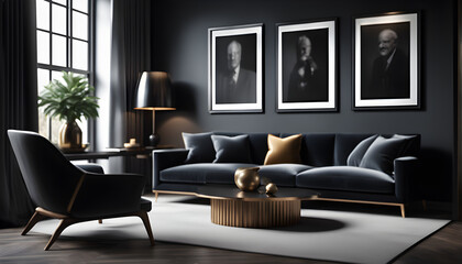 Home interior, luxury modern dark living room interior, poster frame mock up 3d render
