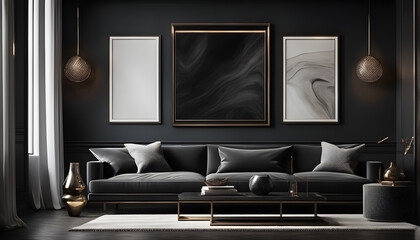 Home interior, luxury modern dark living room interior, poster frame mock up 3d render