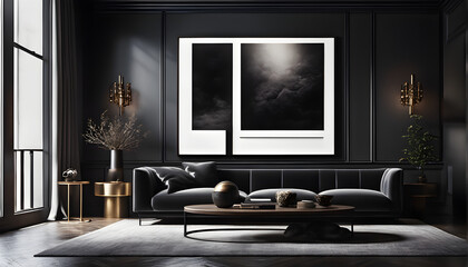 Home interior, luxury modern dark living room interior, poster frame mock up 3d render