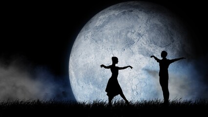 Portrait of beautiful professional dancers. Close up of male and female ballet duet posing on full moon background, solar system planet and clouds. - obrazy, fototapety, plakaty