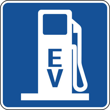 Vector graphic of a blue usa Electric Vehicle Charging Station mutcd highway sign. It consists of a silhouette of a gas pump with the letters EV written on it contained in a blue square