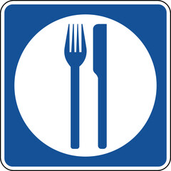 Transparent PNG of a Vector graphic of a blue usa Food mutcd highway sign. It consists of a silhouette of a plate and a knife and fork contained in a blue square