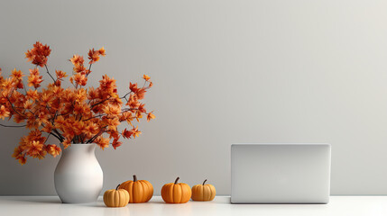  a white vase with orange flowers and pumpkins next to a laptop.  generative ai - obrazy, fototapety, plakaty