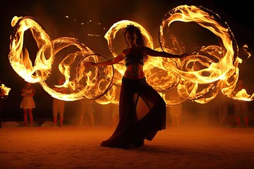 Fire Dancing, showcase the mesmerizing art of fire dancing, with flames twirling around the performers - obrazy, fototapety, plakaty