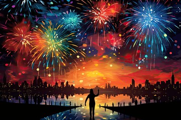 Fototapeta na wymiar colorful fireworks over a sunset behind a city 