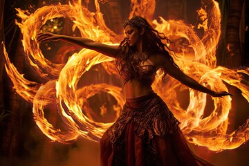 Fire Dancing, showcase the mesmerizing art of fire dancing, with flames twirling around the performers