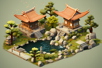 Japanese style garden with Zen aesthetics, 3d isometric style. Generative AI