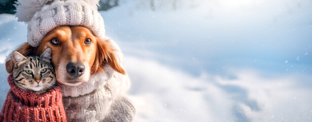 A cute puppy and cat in cozy winter clothes walks in a snowy winter park. Clothed pet in a cold environment. Christmas background. Caring for animals in winter. - obrazy, fototapety, plakaty