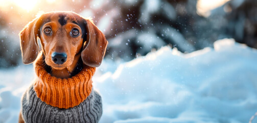 A cute dachshund puppy in a cozy warm sweater walks in a snowy winter park. Dressed pet in a cold environment. Christmas background. Caring for animals in winter.
