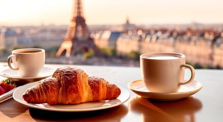 romantic morning in Paris. Cup of coffee with croissants against parisian background. - obrazy, fototapety, plakaty