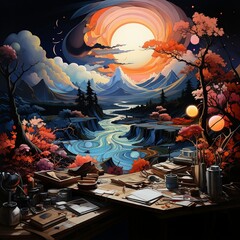 Obraz premium A colored picture on a table with colorful paper, luminous landscape painting, double exposure