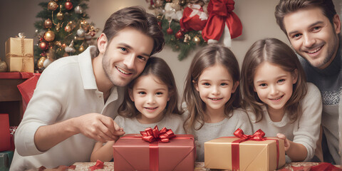 Fototapeta na wymiar Happy family giving each other gift boxes on christmas day and happy new year. Christmas tree, Xmas eve, Boxing day, New year celebration, happy new year concept. AI Generative