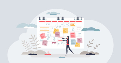 ADHD planner as schedule organizer for attention deficit tiny person concept. Hyperactivity disorder problem management with daily calendar and list with scheduled notes and tasks vector illustration