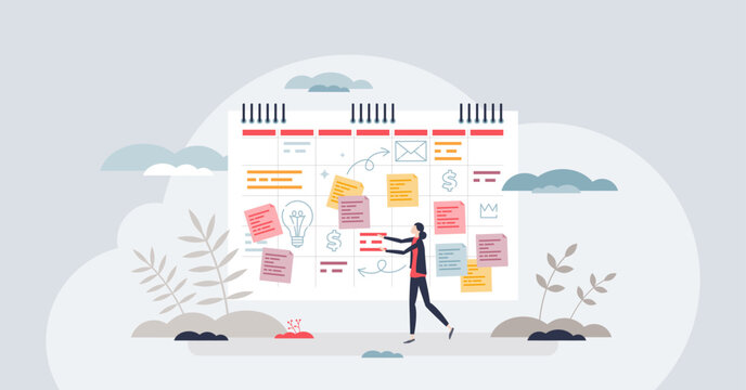 ADHD planner as schedule organizer for attention deficit tiny person concept. Hyperactivity disorder problem management with daily calendar and list with scheduled notes and tasks vector illustration