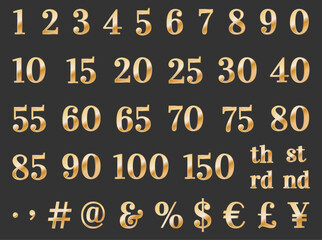 Set of golden numbers. Signs and symbols. Golden metallic numerals. From the individual digits you can assemble the combinations you need. The gradient is adjustable if necessary. Vector