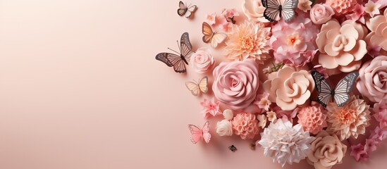 Pink background with fresh flowers butterflies and a human brain Represents creative positive thinking love and mental health awareness Symbolizes spring flower bloom