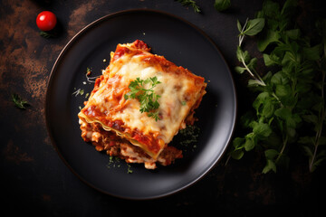Traditional homemade lasagna with minced meat, bolognese sauce topped with cheese and basil leafs...