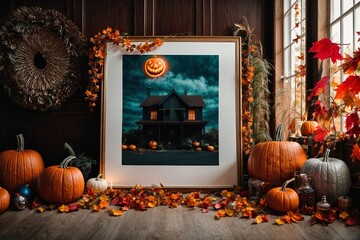 A cozy autumn scene with a house surrounded by pumpkins