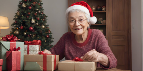 Obraz na płótnie Canvas Happy elderly giving each other gift boxes on christmas day and happy new year. Christmas tree, Xmas eve, Boxing day, New year celebration, happy new year concept. AI Generative