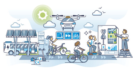 Sustainable commuting and green power public transport options outline concept. Ecological and nature friendly infrastructure to get to work and future of drive around urban city vector illustration.