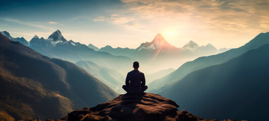 Male traveler finds relaxation and practices meditation while enjoying view of mountains landscape. travel lifestyle, hiking concept - obrazy, fototapety, plakaty